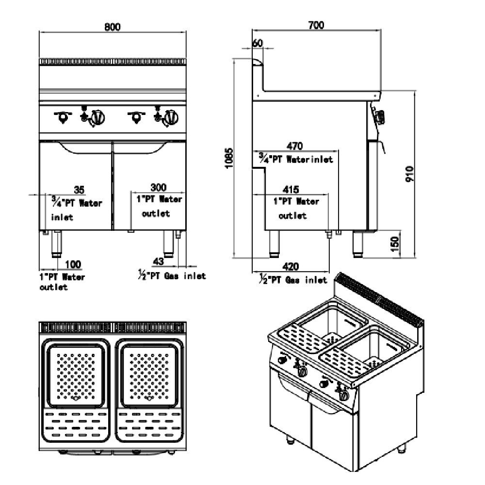 Cuocipasta elettrico trifase 2 vasche armadiato, 80x70x85h, 25+25 L