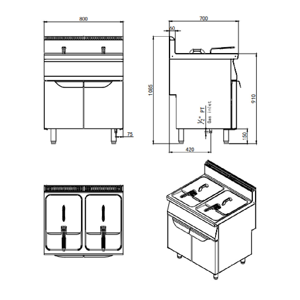 rendering friggitrice 2 vasche prof 70 Friggitrice elettrica trifase 2 vasche armadiata, 80x70x85h, 11+11 L